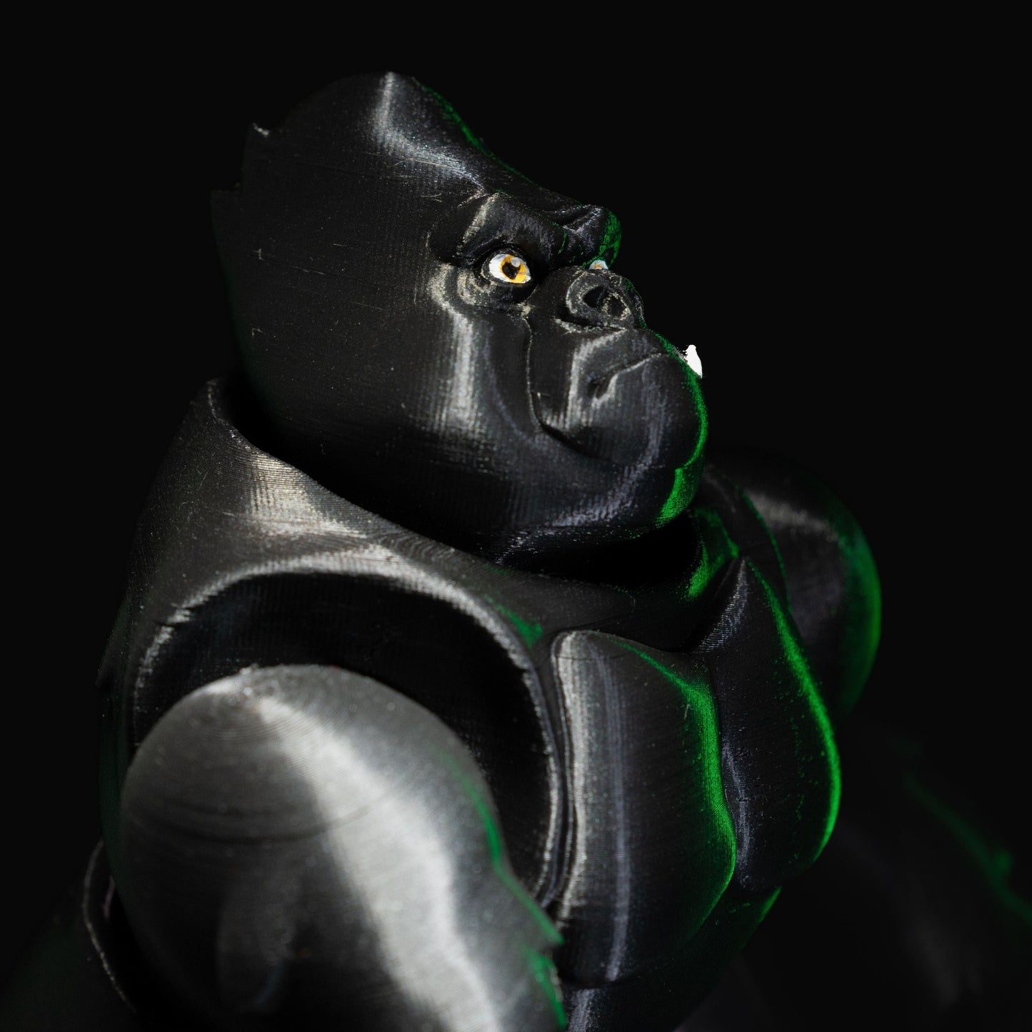 Heady Prints 3D printed black with green glow, gorilla, front view