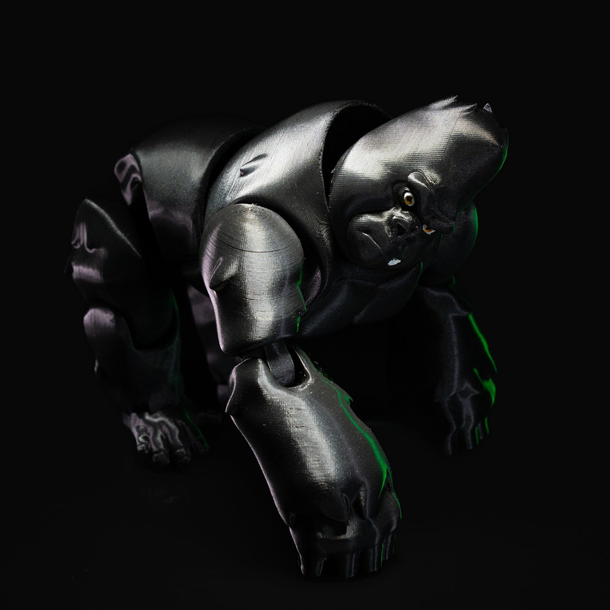 Heady Prints 3D printed black and green gorilla, three quarter view