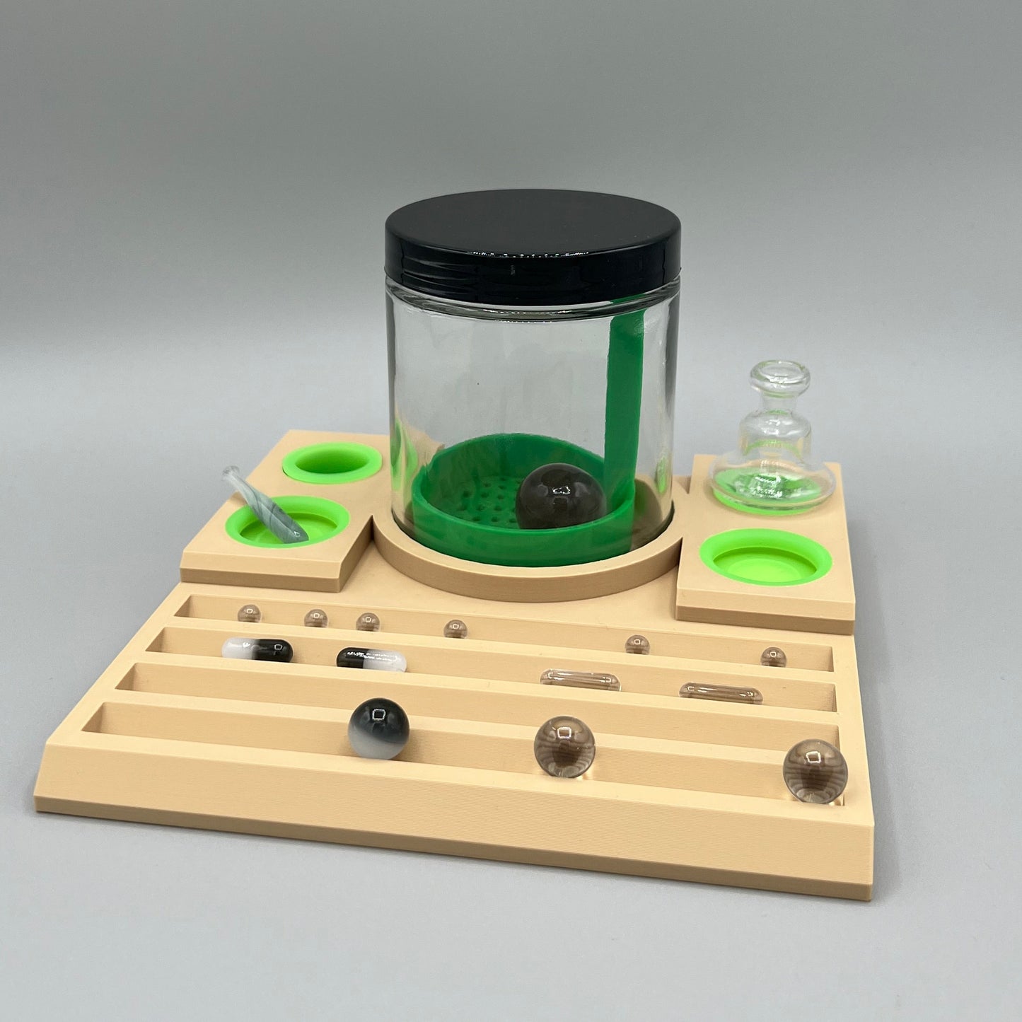 Heady Prints 3D printed green and tan grow tray, with jar