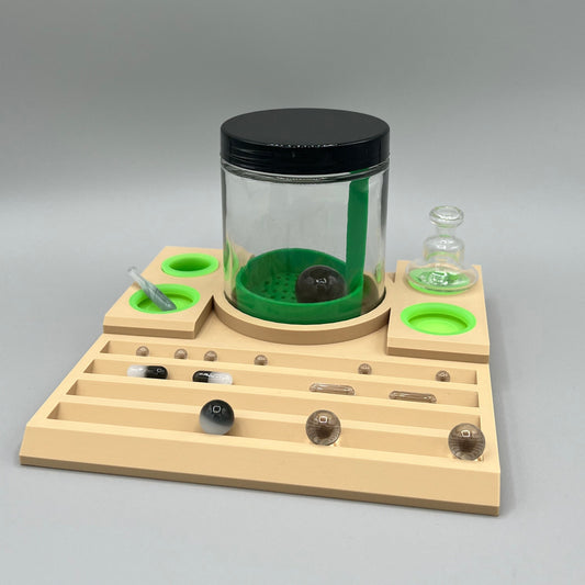 Heady Prints 3D printed green and tan grow tray, with jar