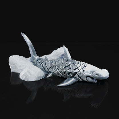 Heady Prints 3D printed articulated hammerhead shark figurine, angled view