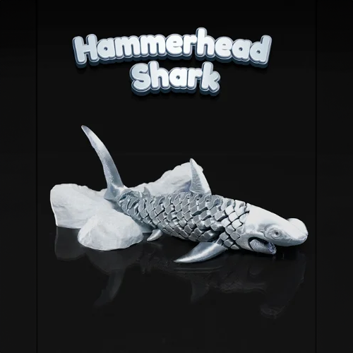 Heady Prints 3D printed articulated hammerhead shark figurine, desk companion collectible