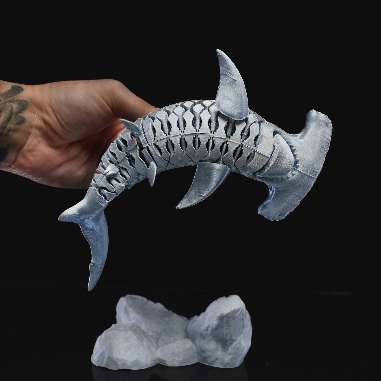 Heady Prints 3D printed articulated hammerhead shark figurine, side view