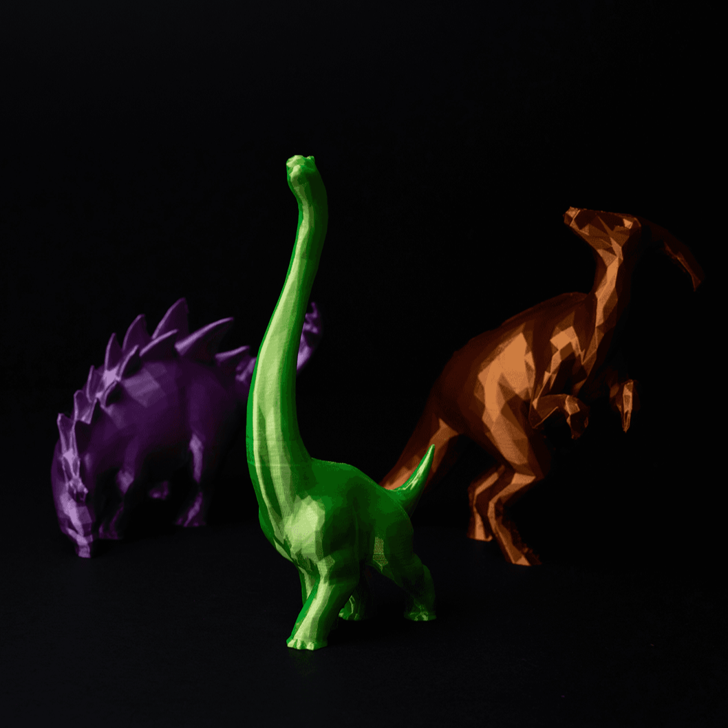 Heady Prints 3D printed low poly dinosaur figurine set 1, group display shot