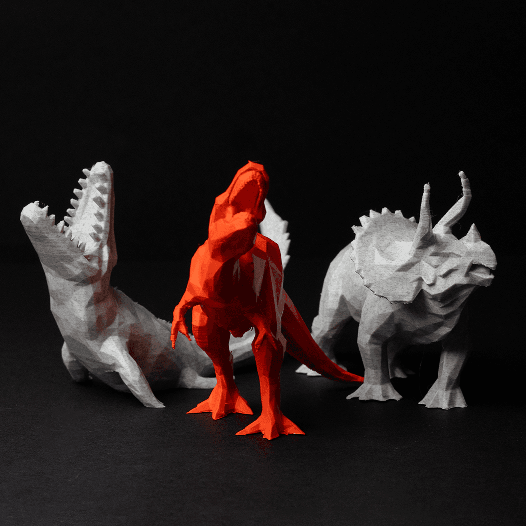 Heady Prints 3D printed low poly dinosaur figurine set 2, group display shot