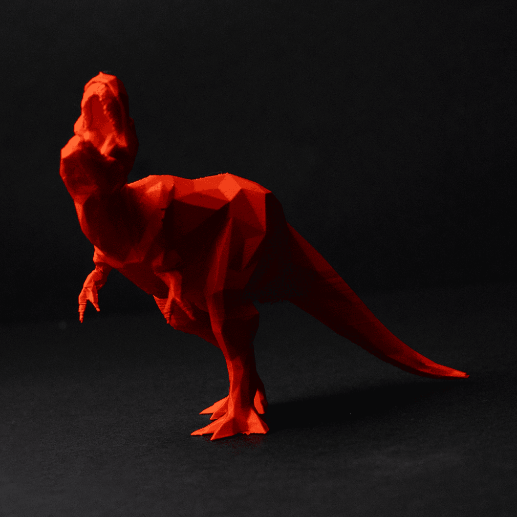 Heady Prints 3D printed low poly red T-Rex figurine, angled view