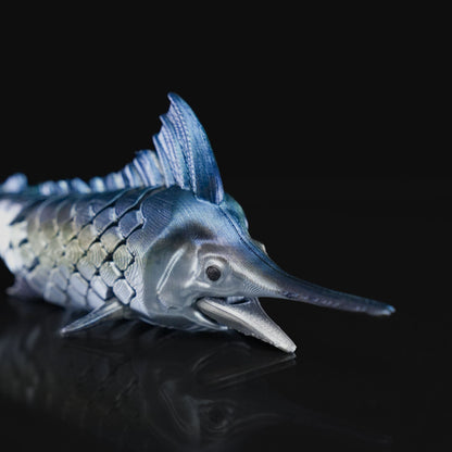 Heady Prints 3D printed blue and silver marlin fish figurine, full body view
