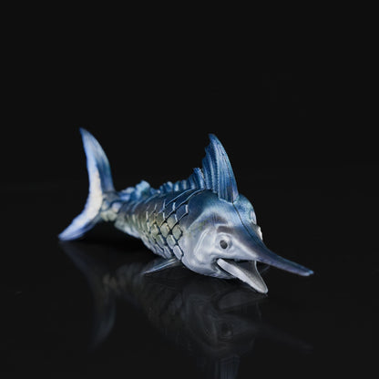 Heady Prints 3D printed blue and silver marlin fish figurine, side view