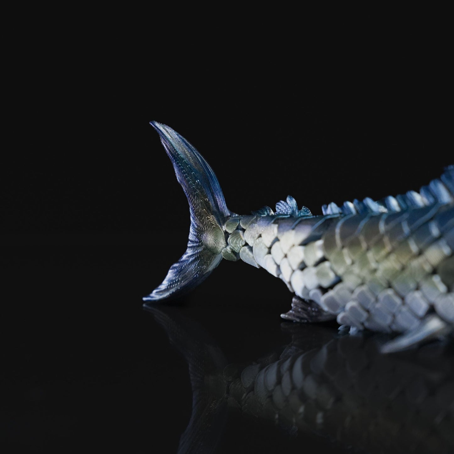 Heady Prints 3D printed blue and silver marlin fish figurine, three-quarter view