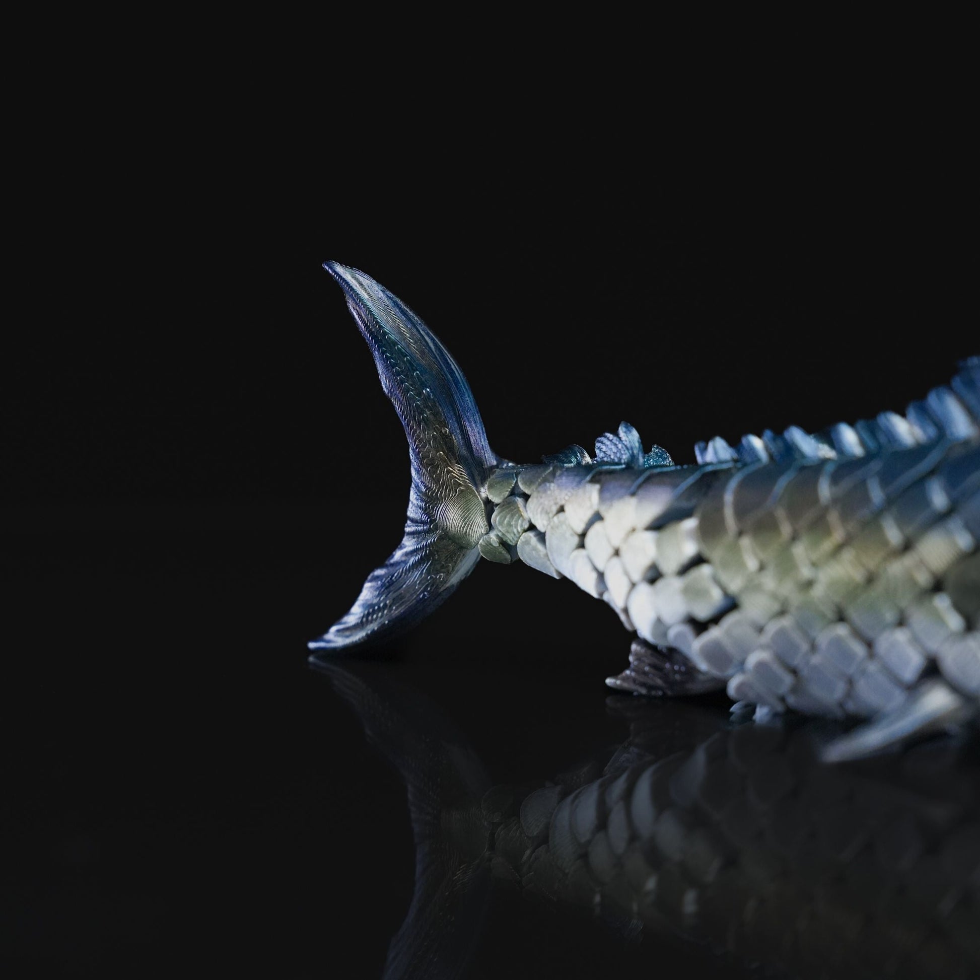 Heady Prints 3D printed blue and silver marlin fish figurine, three-quarter view