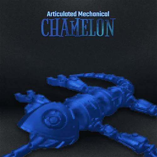 Heady Prints 3D printed blue mechanical chameleon, promo