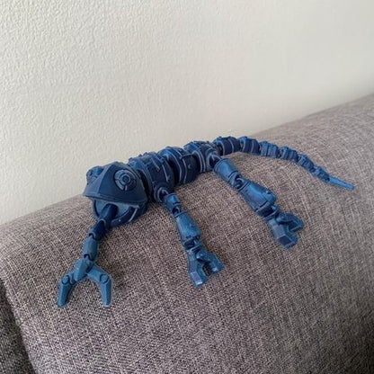 Heady Prints 3D printed blue mechanical chameleon, side view