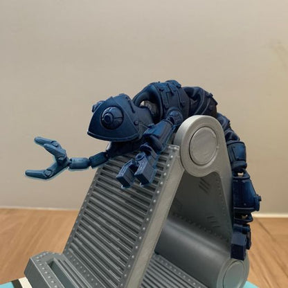 Heady Prints 3D printed blue mechanical chameleon, stand view