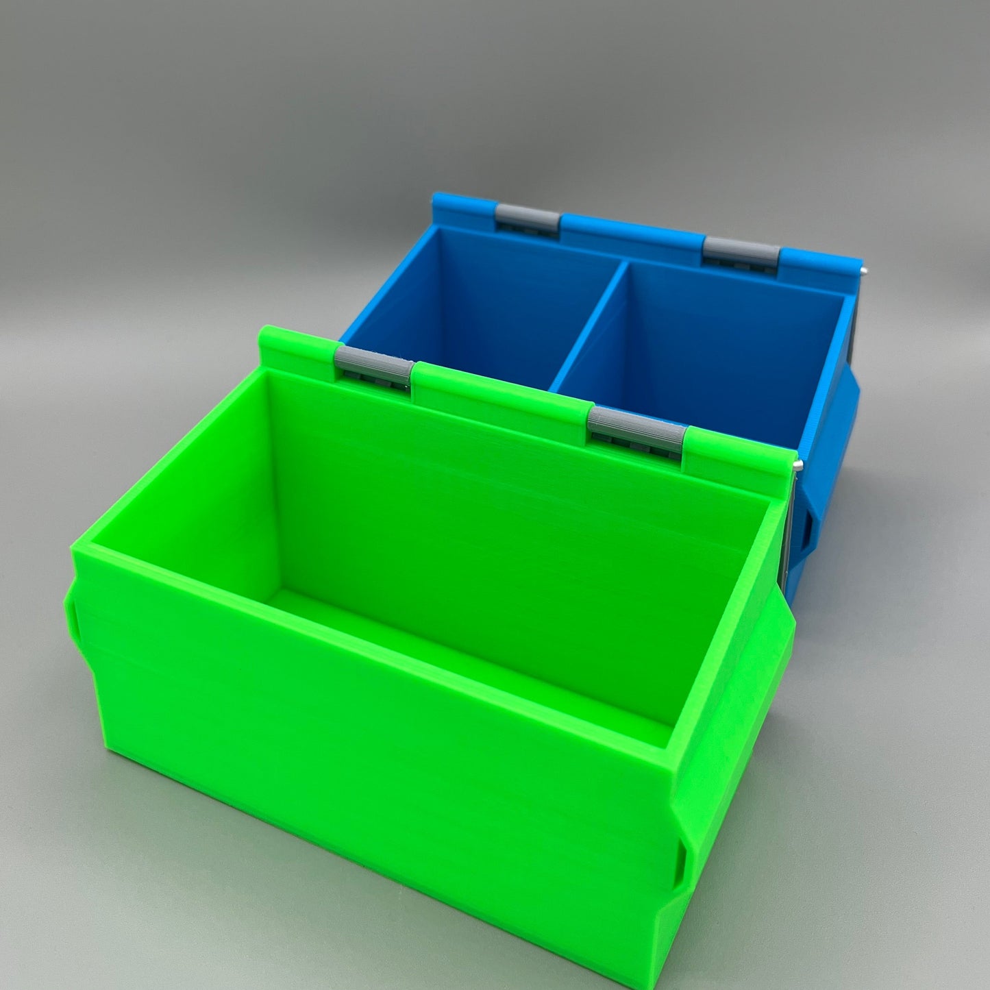 Heady Prints 3D printed green and blue mini dumpster, angled view