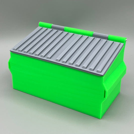 Heady Prints 3D printed green single compartment mini dumpster, angled view