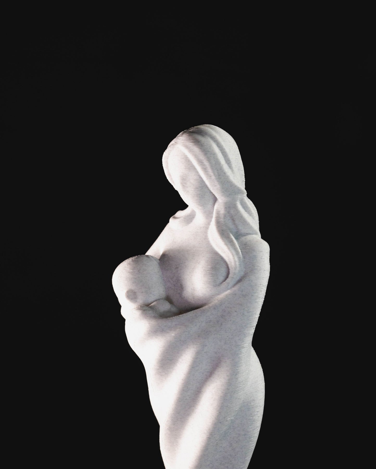 Heady Prints 3D printed white mother and child statue, side view