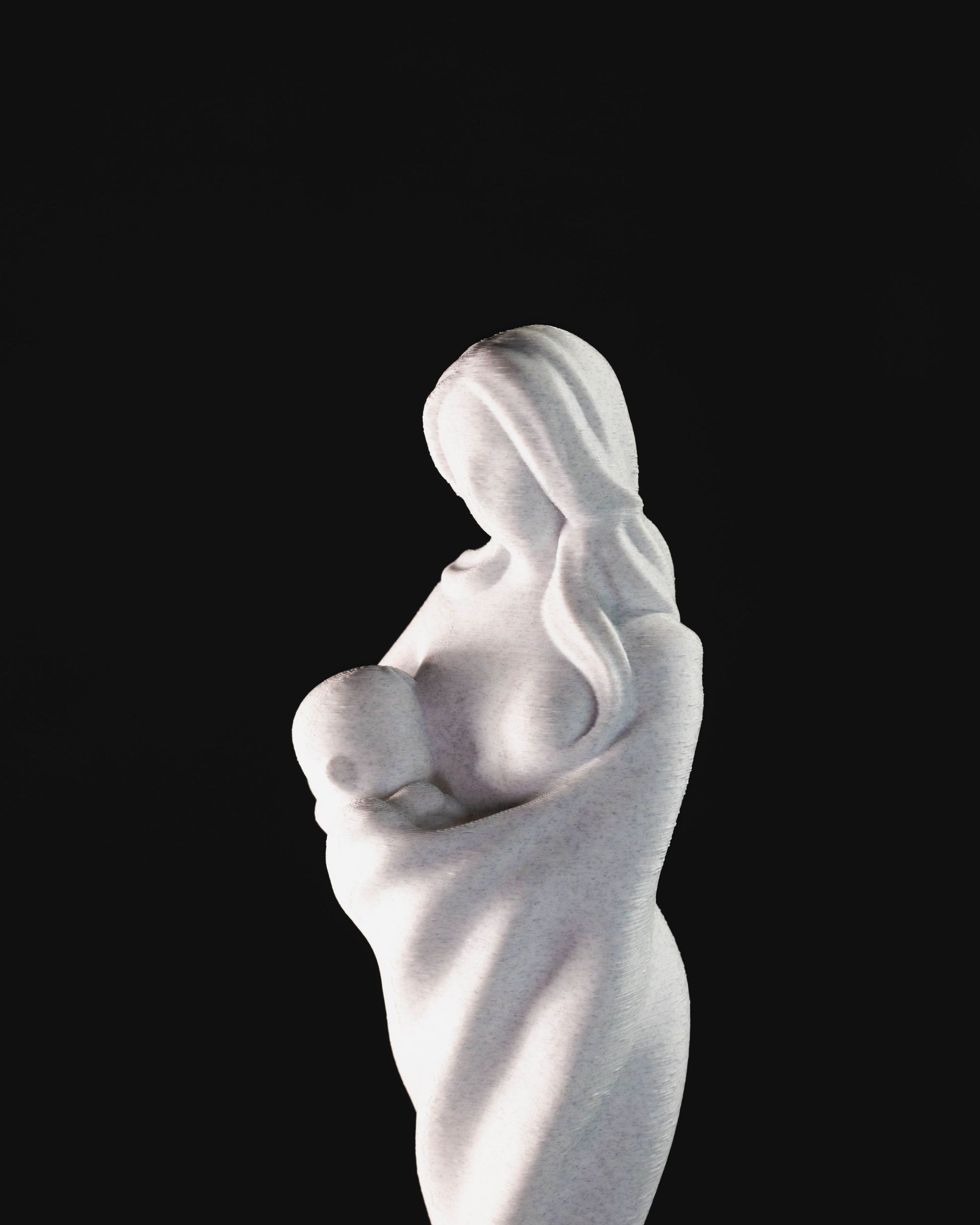 Heady Prints 3D printed white mother and child statue, side view