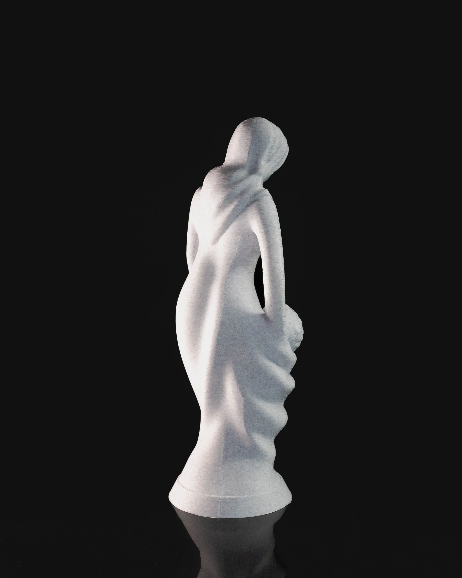 Heady Prints 3D printed white mother and infant statue, angled view