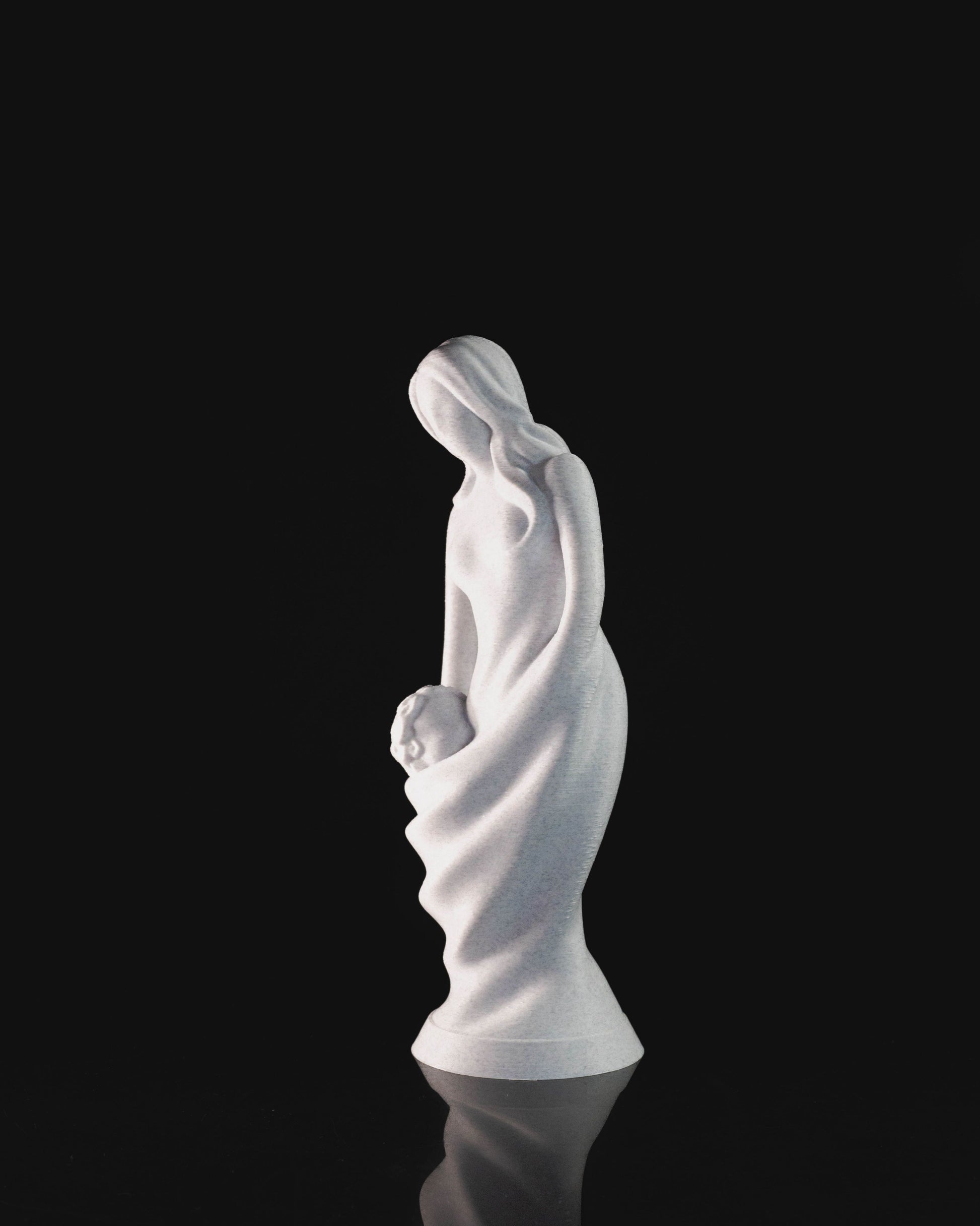 Heady Prints 3D printed white mother and infant statue, side view