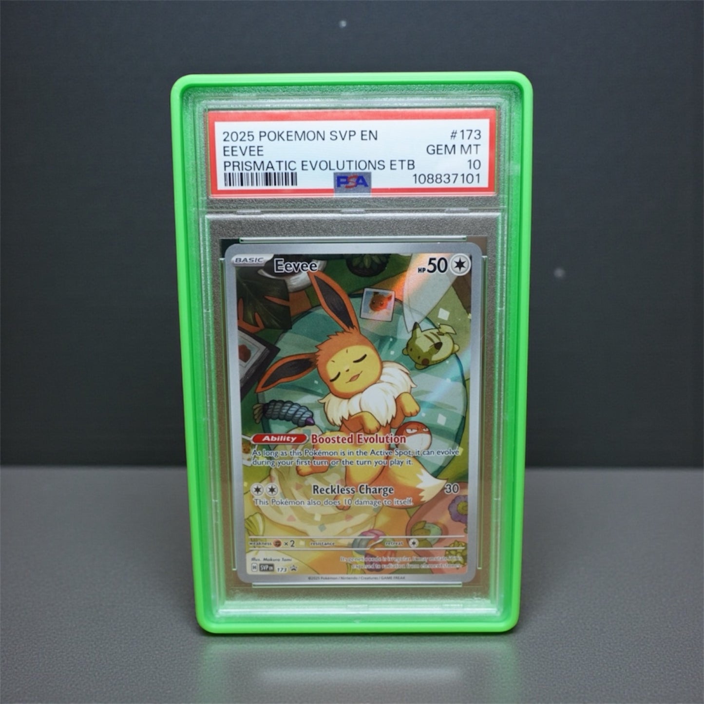 Heady Prints 3D printed green PSA slab guard protecting a Pokemon trading card