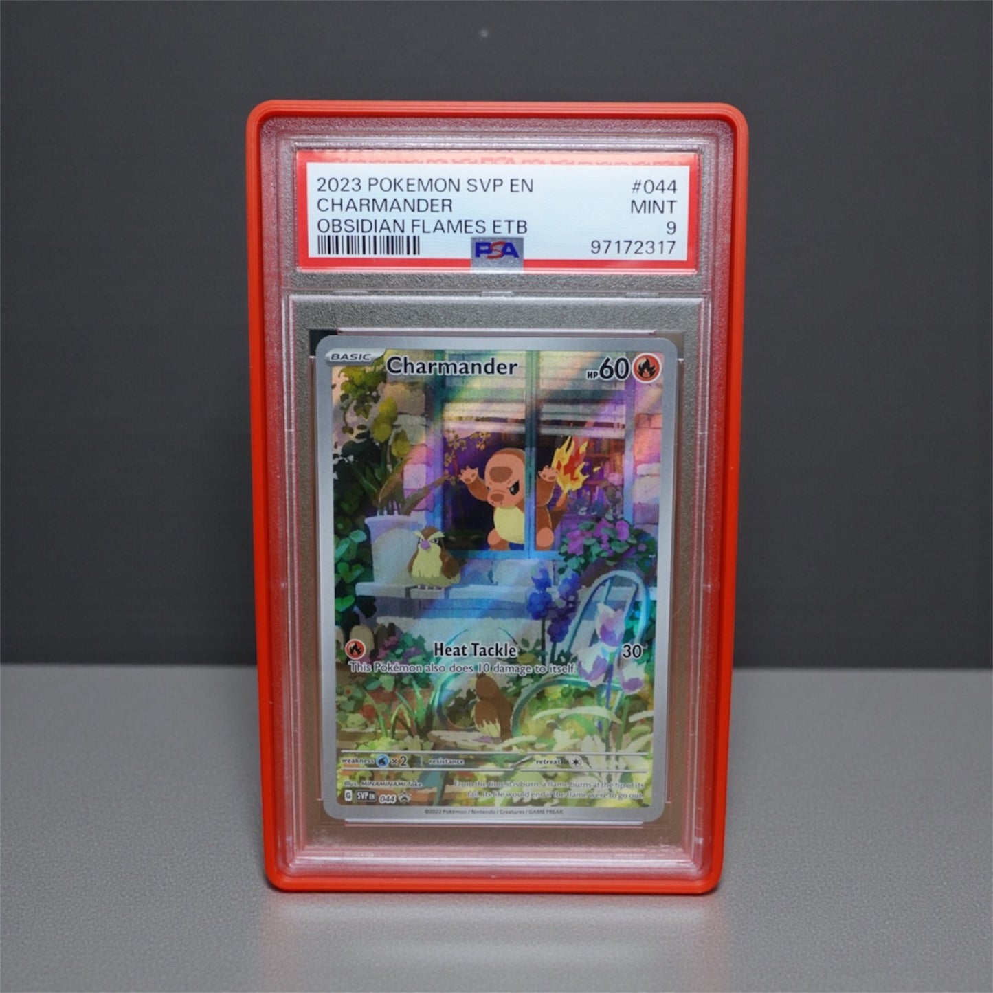 Heady Prints 3D printed red PSA slab guard protecting a Pokemon trading card