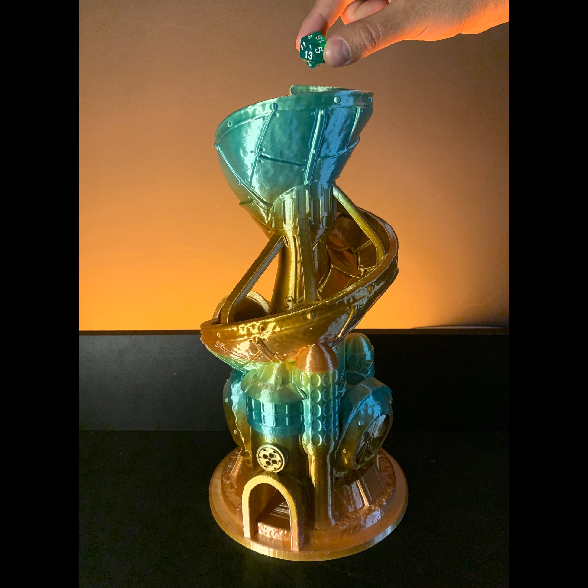 Heady Prints 3D printed teal and orange rainbow dice holder lifestyle shot