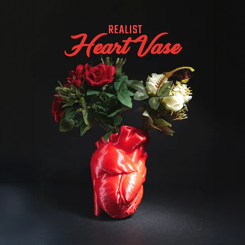 Heady Prints 3D printed red realist heart vase with flowers, home accent decor