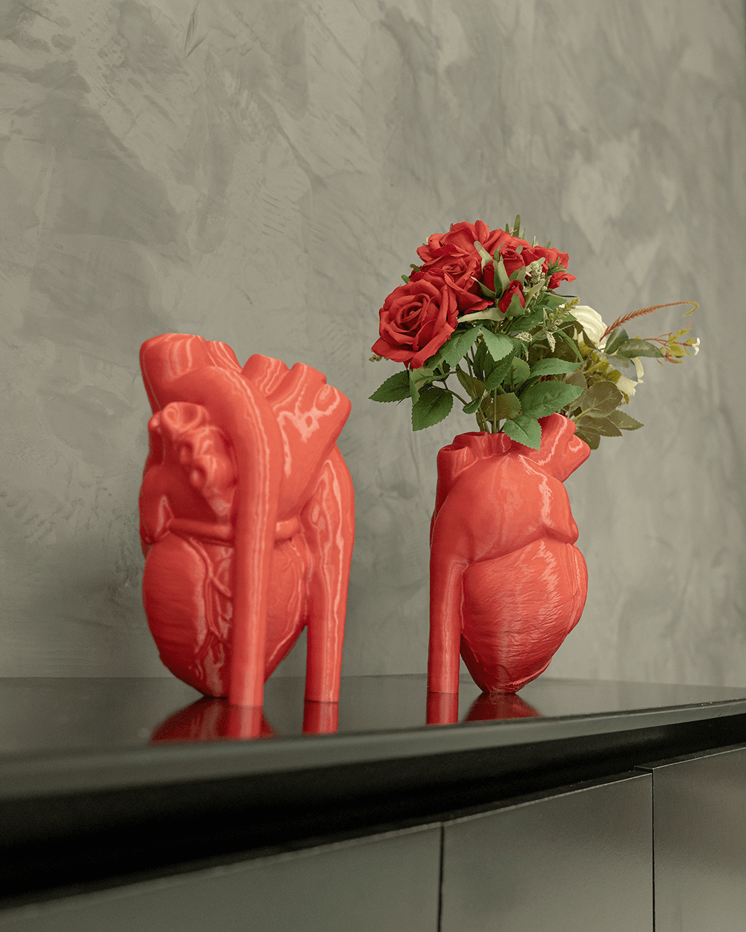 Heady Prints 3D printed red realist heart vase, side view