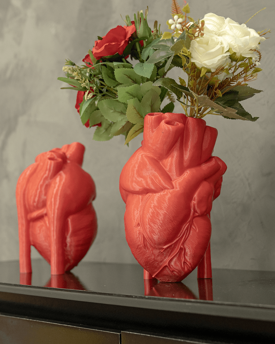 Heady Prints 3D printed red realist heart vases two pack display, home accent decor