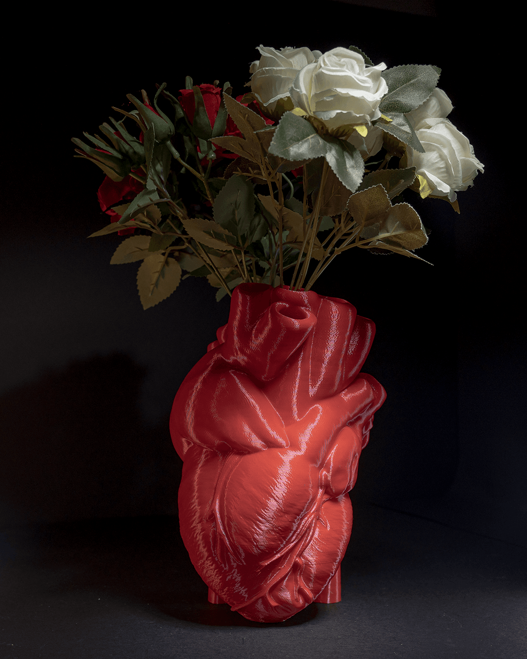 Heady Prints 3D printed red realist heart vase with white flowers, home accent decor
