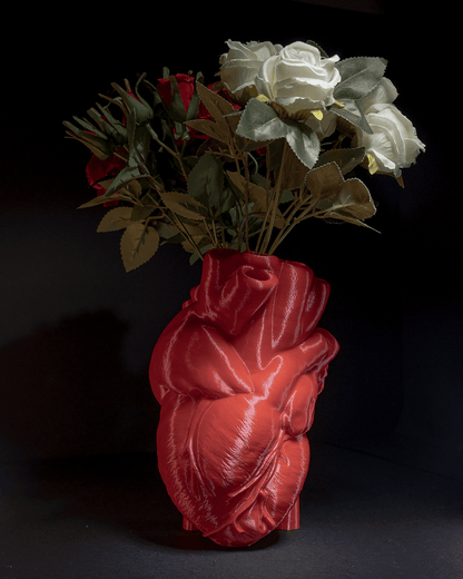 Heady Prints 3D printed red realist heart vase with white flowers, home accent decor