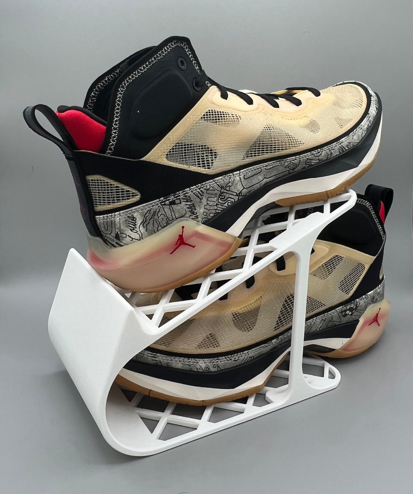 Heady Prints 3D printed tan shoe organizer, side view