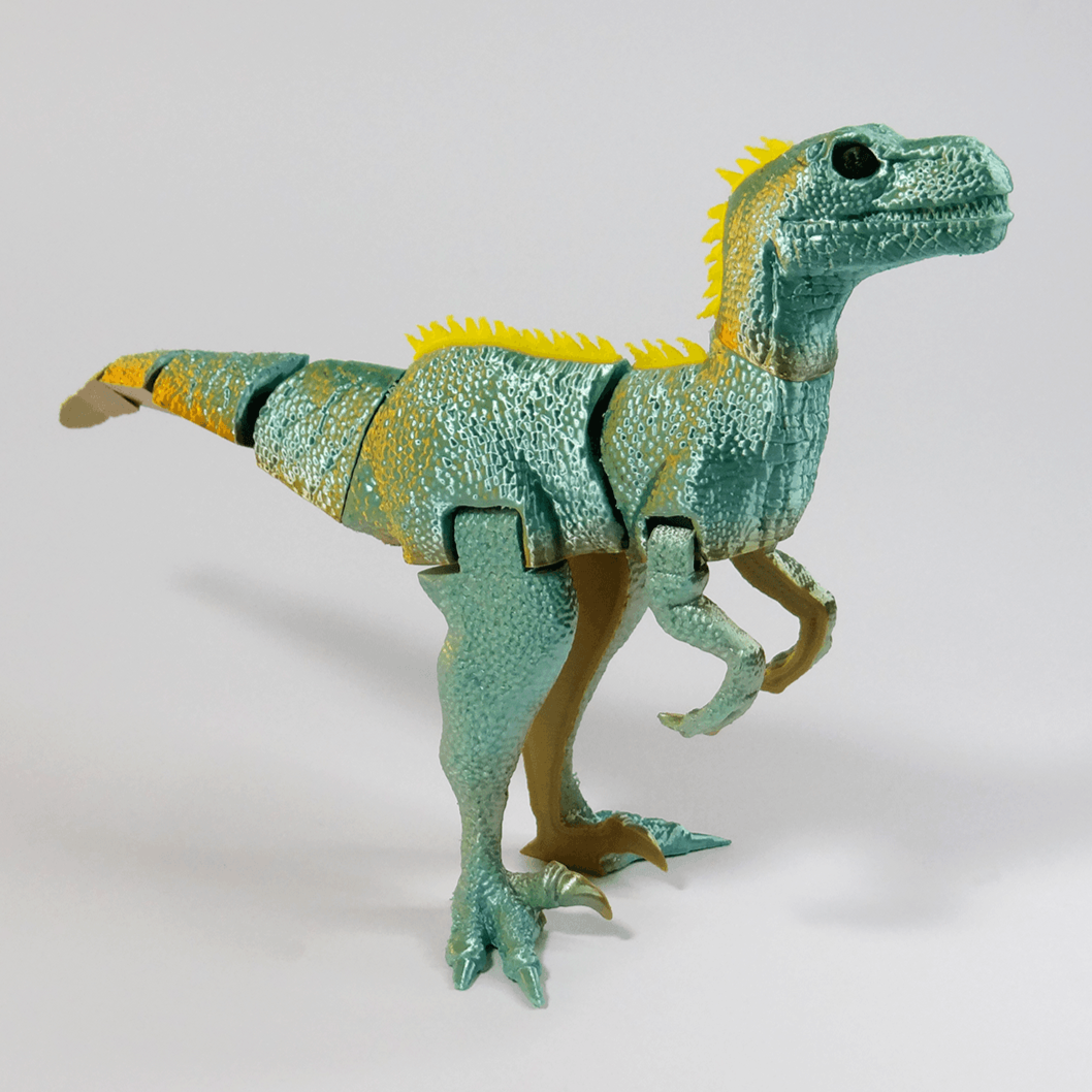 Heady Prints 3D printed teal articulated velociraptor figurine, product feed image