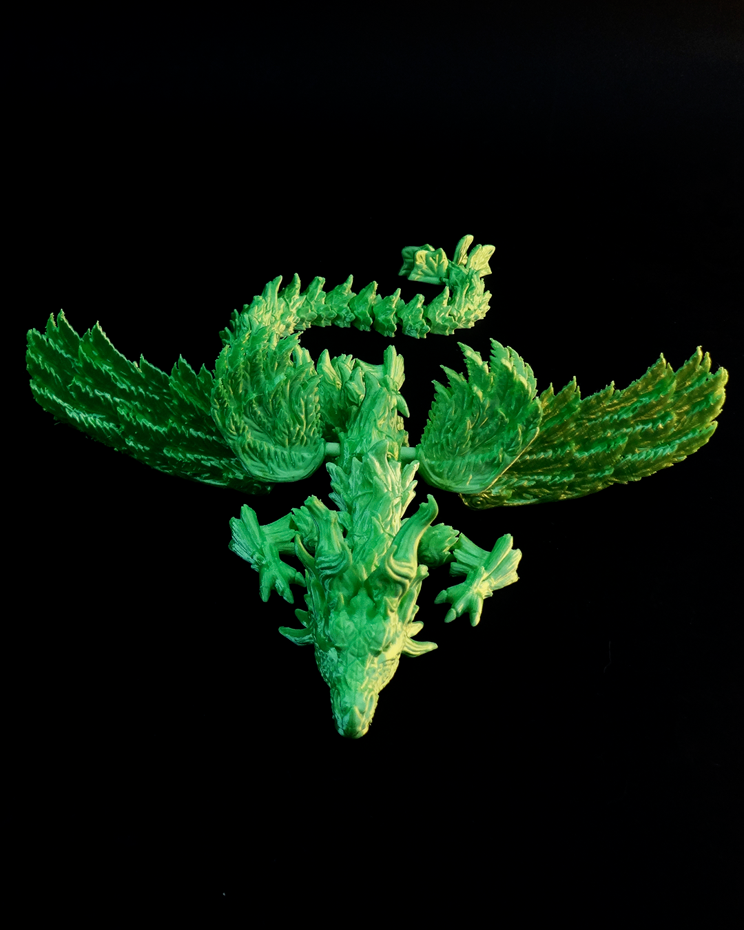 Heady Prints 3D printed Zandhros 2.0 green dragon figurine, wings spread view