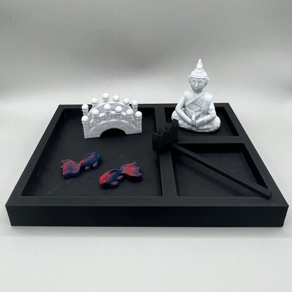 Heady Prints 3D printed black zen garden, with accessories, no sand, top view
