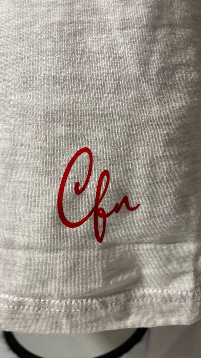 Heady Prints 3D printed white Foreign Luvv shirt, CFN logo close-up