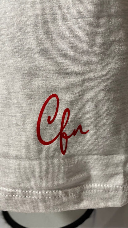 Heady Prints 3D printed white Foreign Luvv shirt, CFN logo close-up