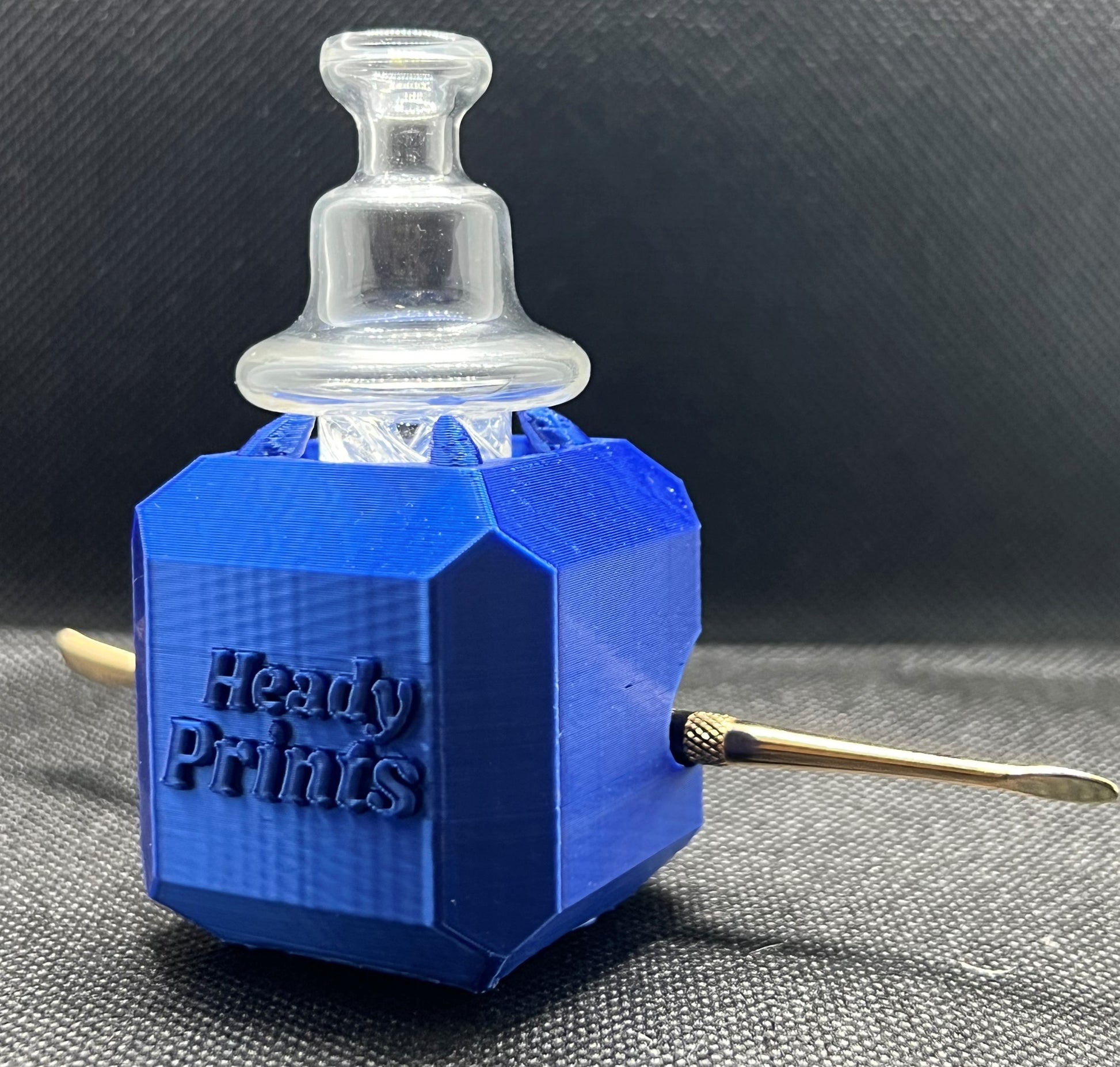 Heady Prints 3D printed blue heady cube, three-quarter view