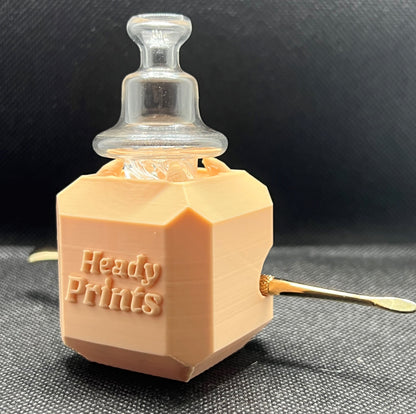 Heady Prints 3D printed salmon heady cube, front view with clear carb cap