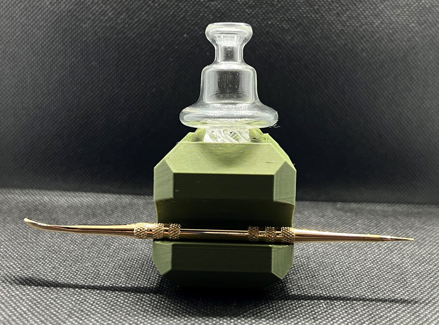 Heady Prints 3D printed green heady cube, clear carb cap three-quarter view