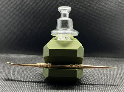 Heady Prints 3D printed green heady cube, clear carb cap three-quarter view