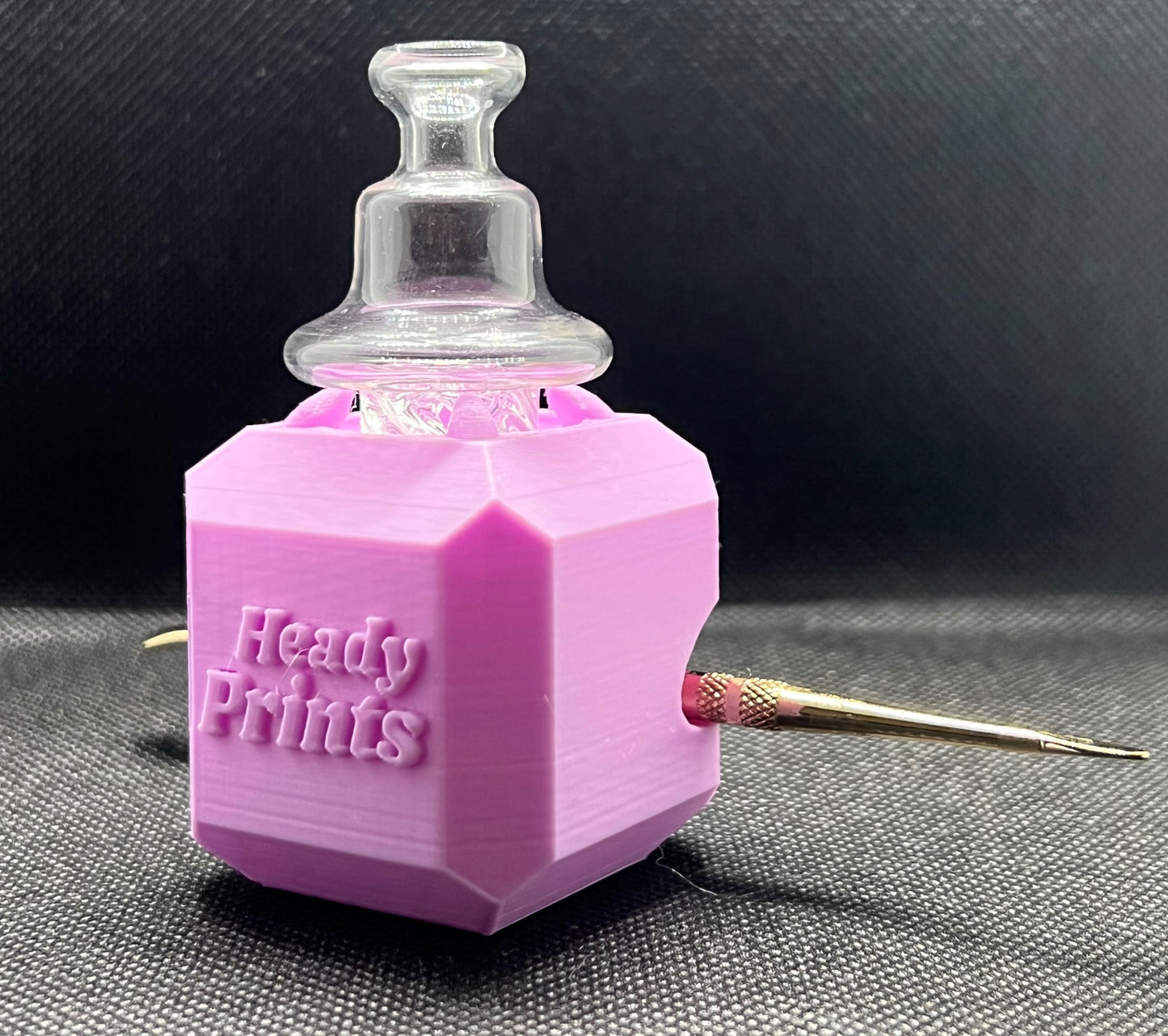 Heady Prints 3D printed pink heady cube, front view