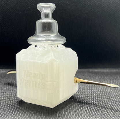 Heady Prints 3D printed white heady cube, front view