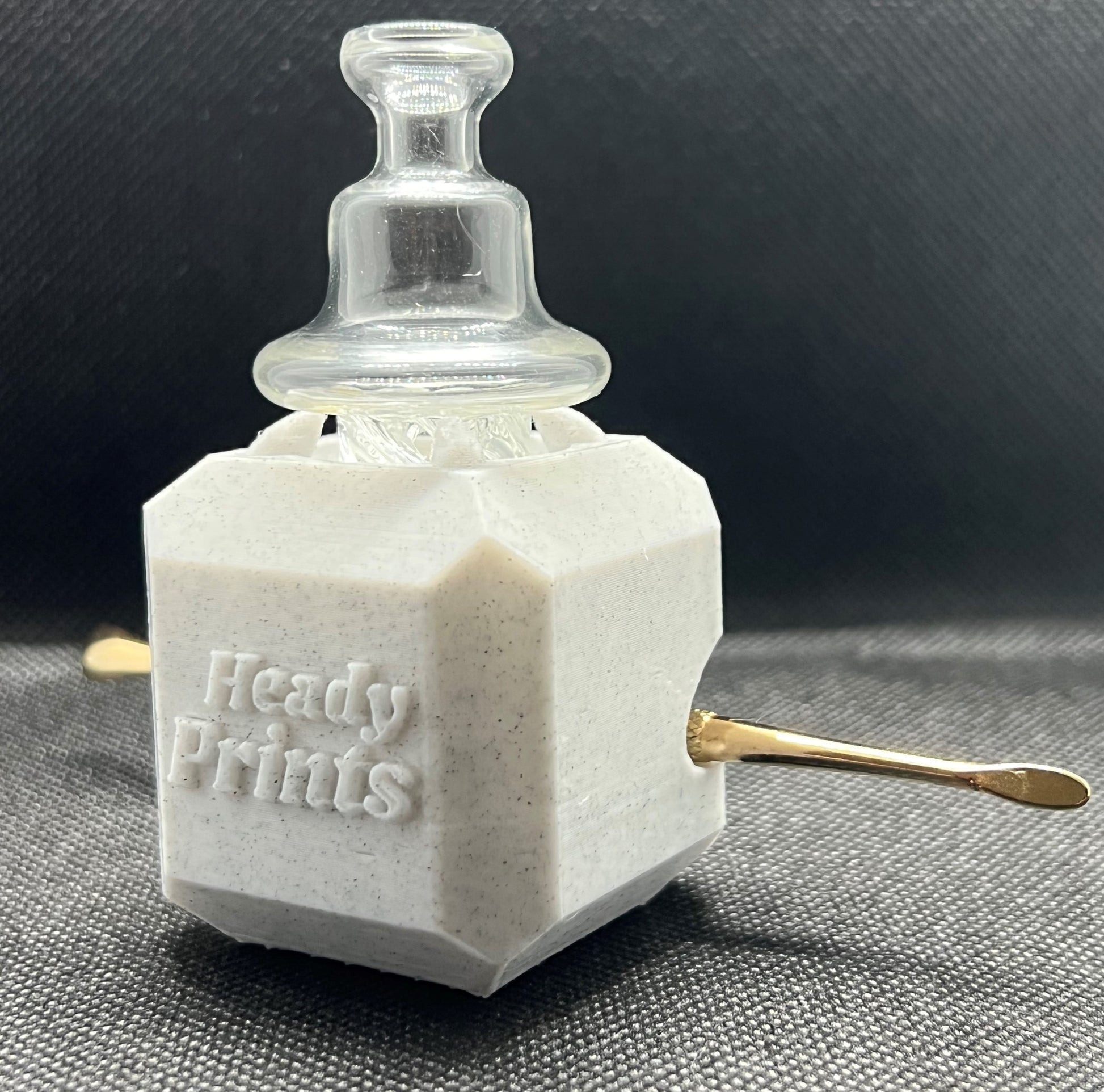 Heady Prints 3D printed white heady cube, three-quarter view