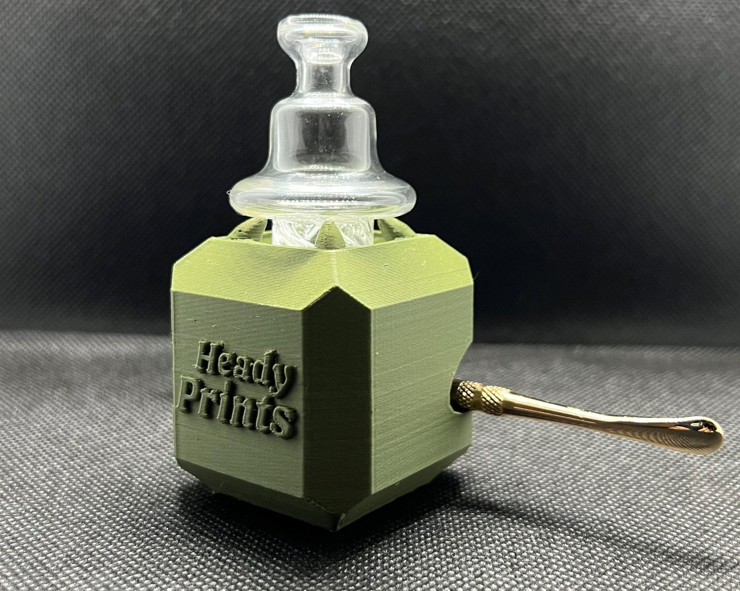 Heady Prints 3D printed yellow-green heady cube, three-quarter view